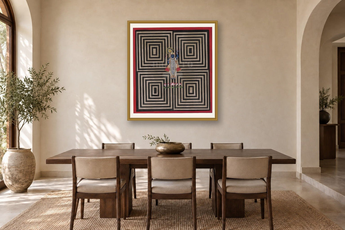 Contemporary Black Geometric Pichwai styled in a premium dining room