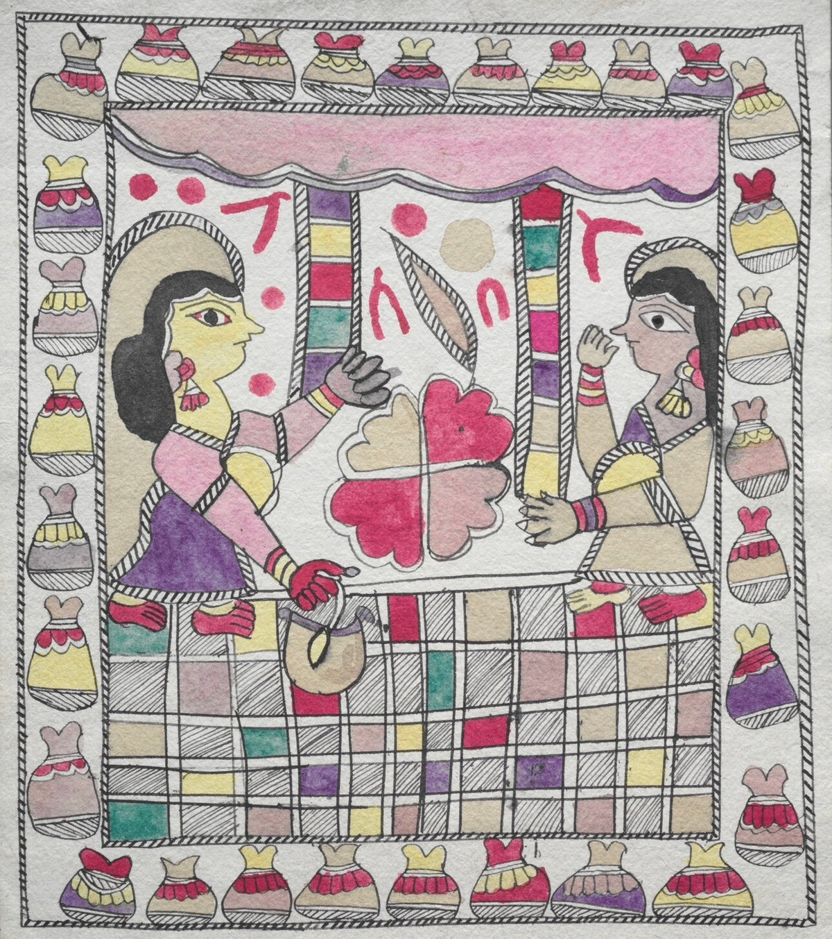 Two women in a patterned courtyard scene in Madhubani folk art