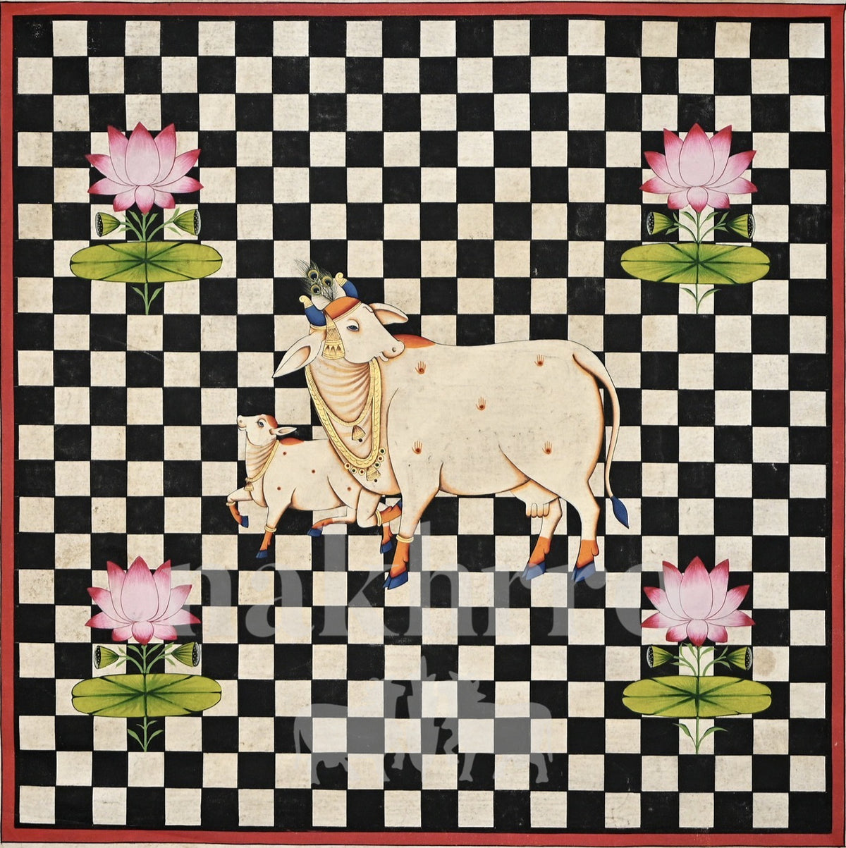 Cow and Calf on a Black and White Checkerboard — full artwork with Nakhrro watermark