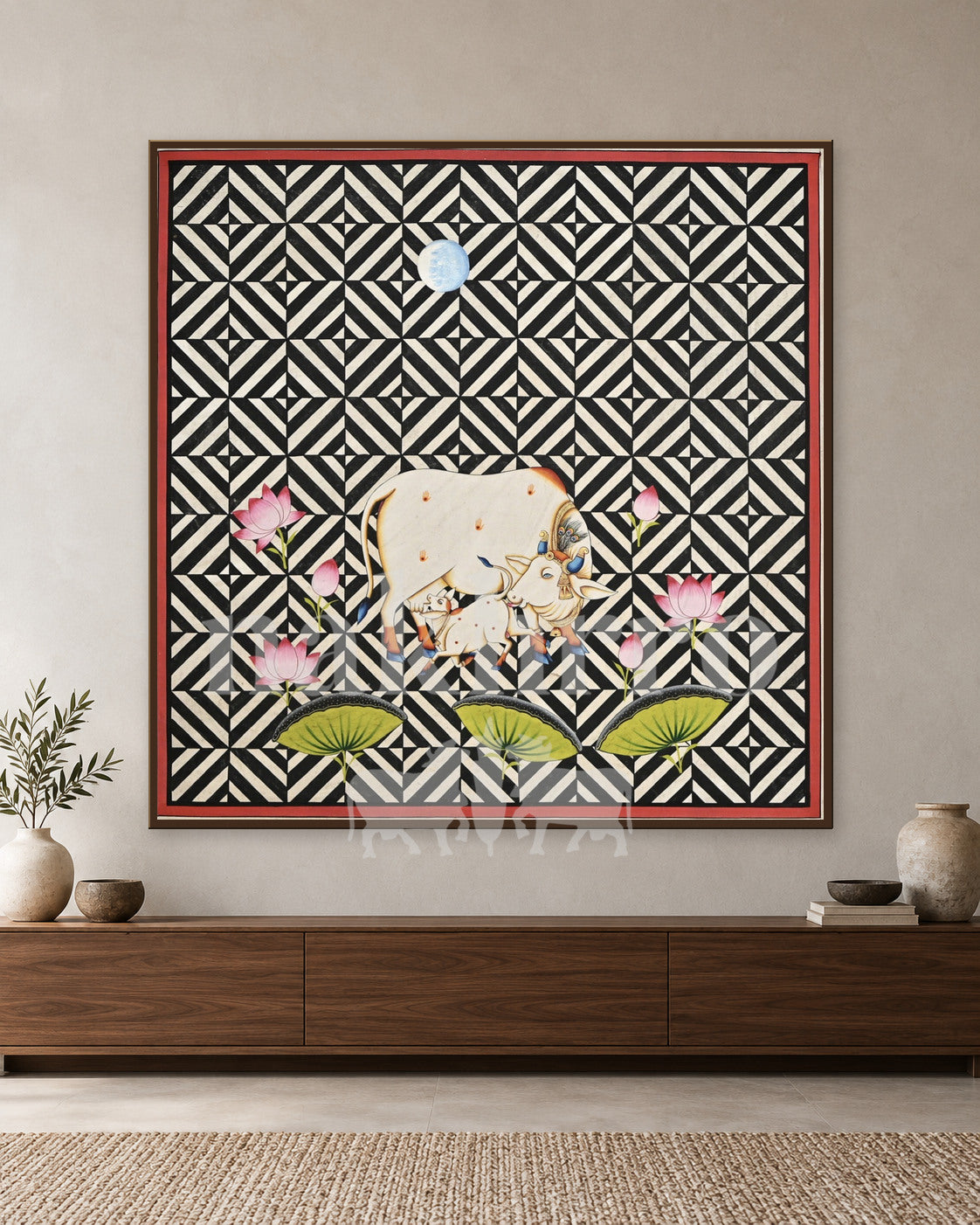 Cow and Calf on a Black and White Star Pattern — slim-frame room mockup 1 with Nakhrro watermark