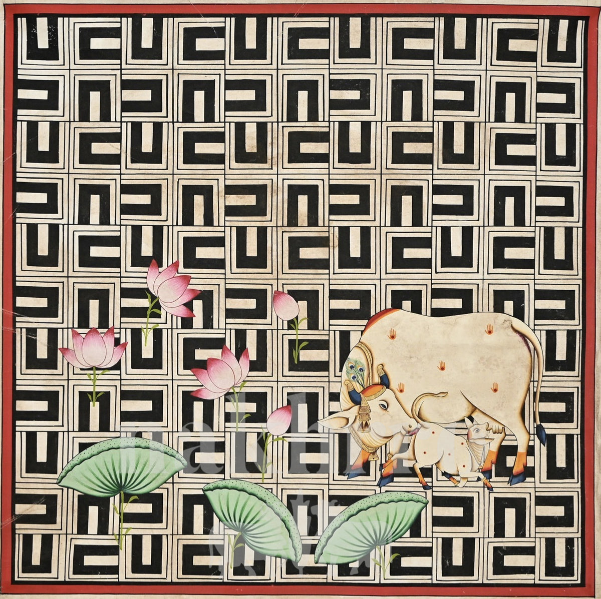 Cow and Calf with Lotuses on a Monochrome Maze — full artwork with Nakhrro watermark