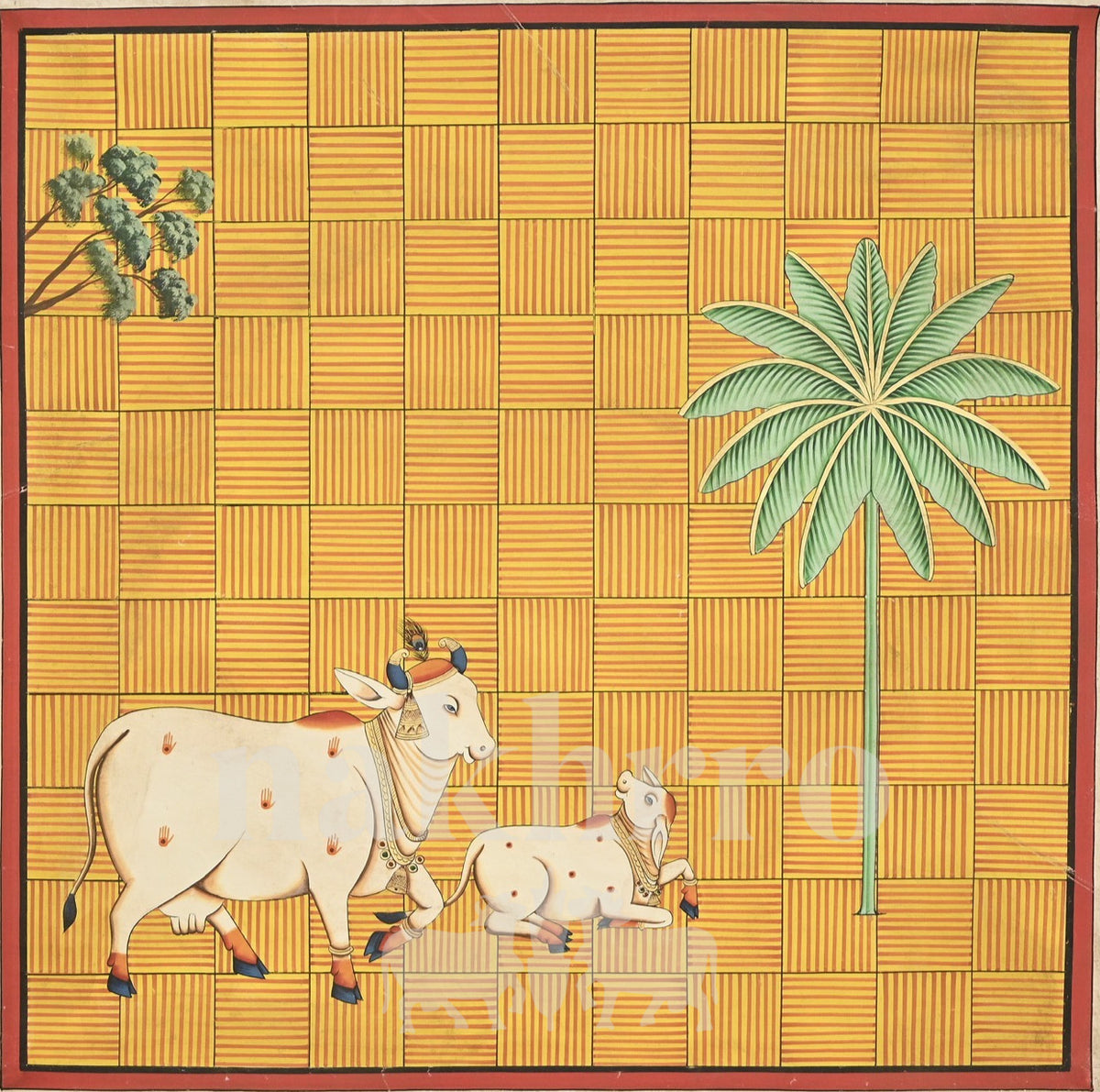 Cow and Calf with Palm on a Yellow Grid — full artwork with Nakhrro watermark