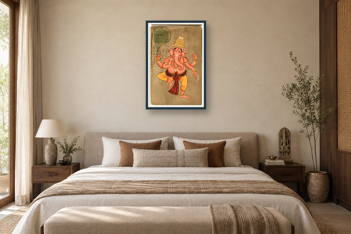 Dancing Pose Of Ganesha Postcard styled in a premium bedroom