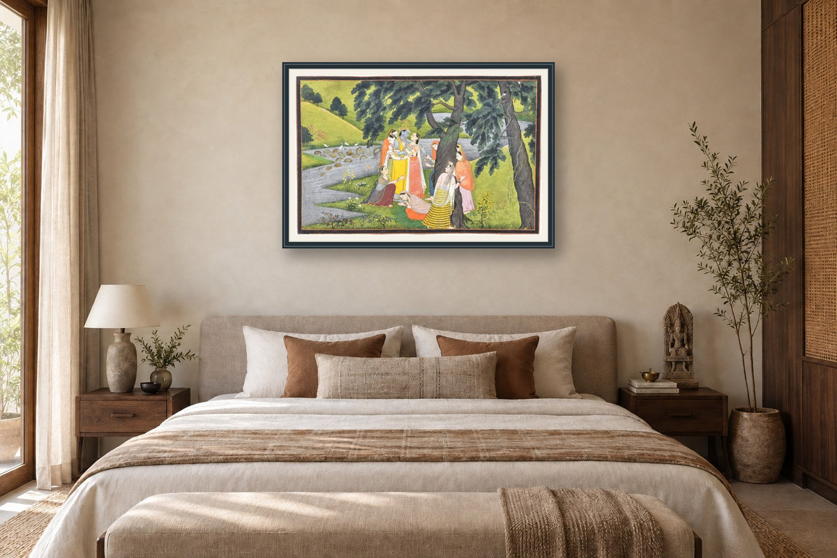 Divine Reunion – Krishna & Radha with Gopis museum-grade art print in a bedroom