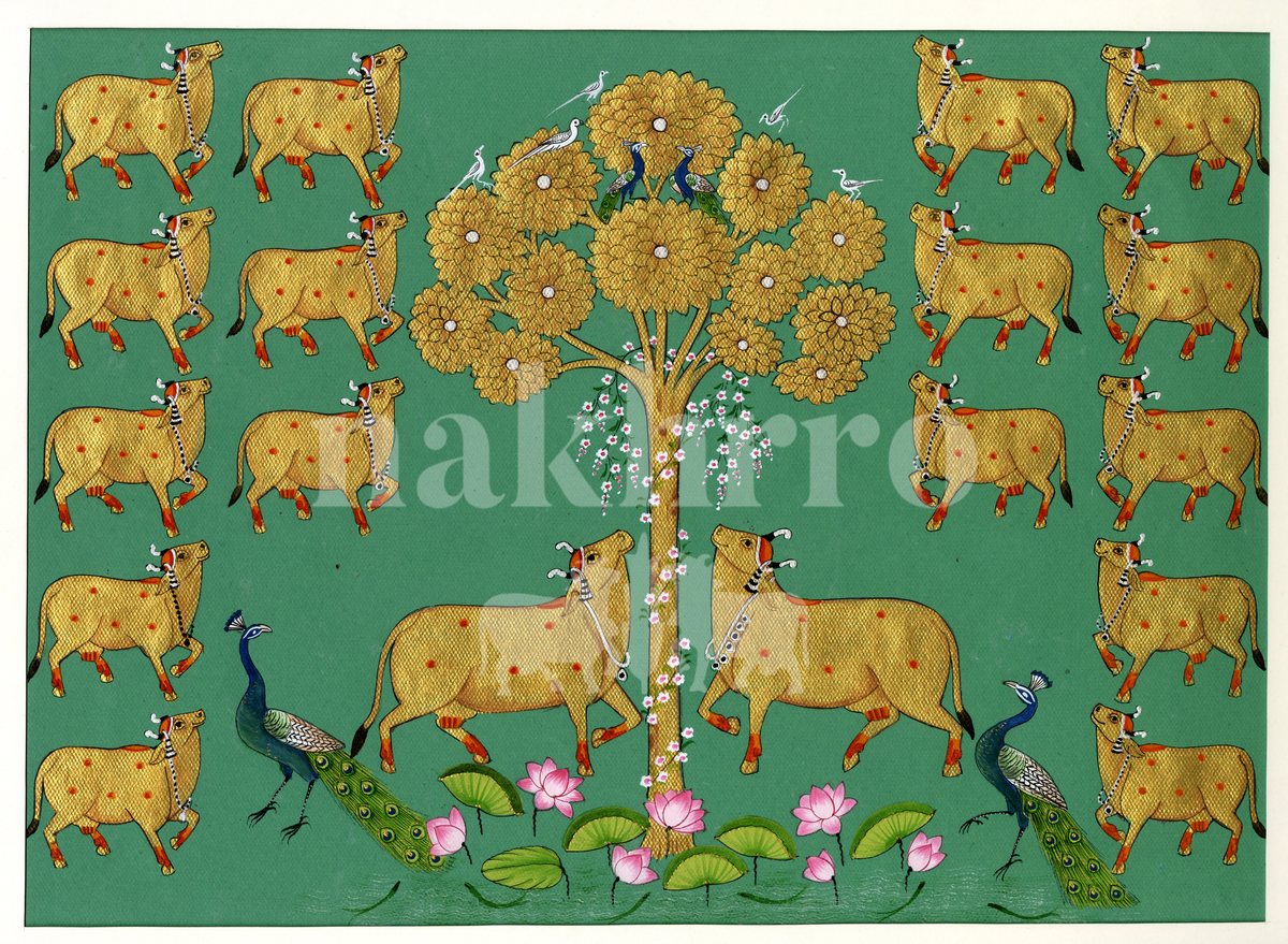 golden cows tree teal full | Nakhrro museum-grade archival print