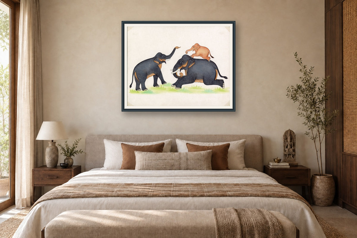 Family Of Elephants Playing styled in a premium bedroom