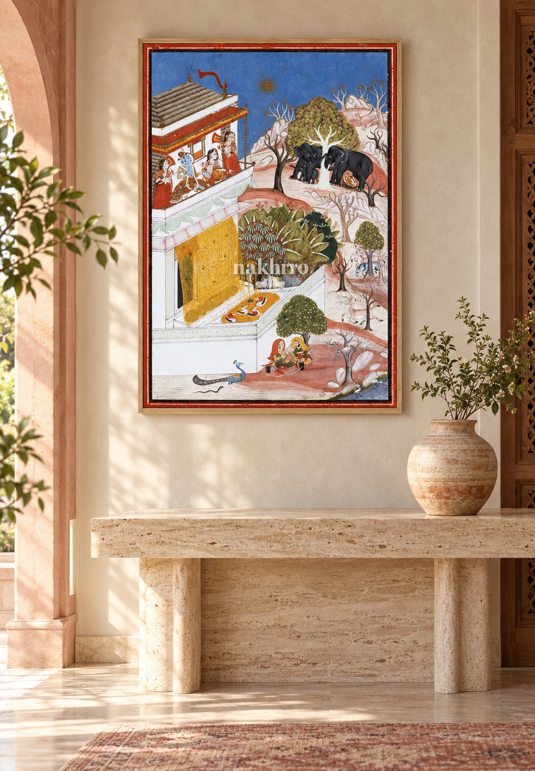 Krishna and Radha Viewing Elephants | Indian Miniature Art Print – framed interior view 3