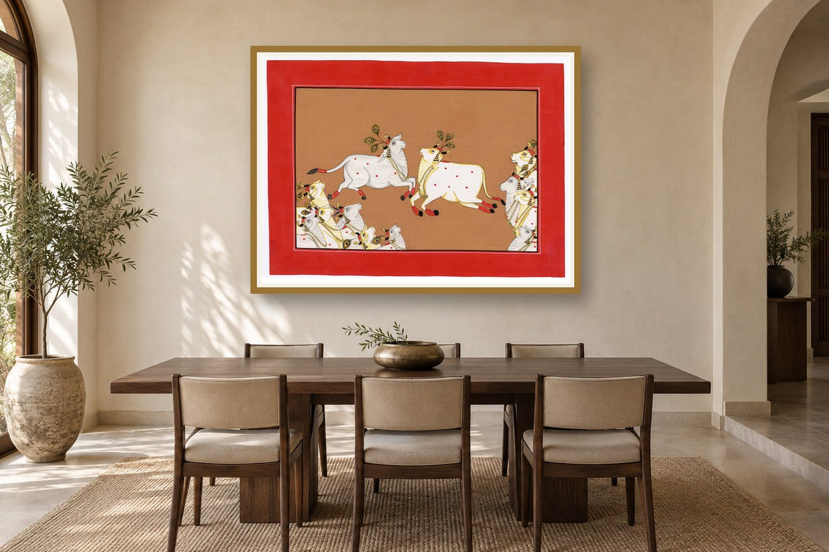 Flying Cows Of Pichwai styled in a premium dining room