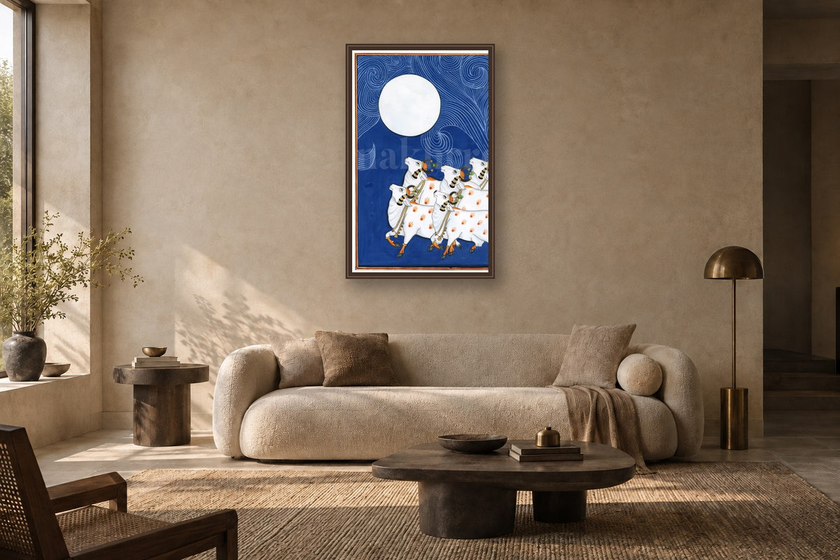 Full Moon Blue Gopasthami Night Pichwai in a living room