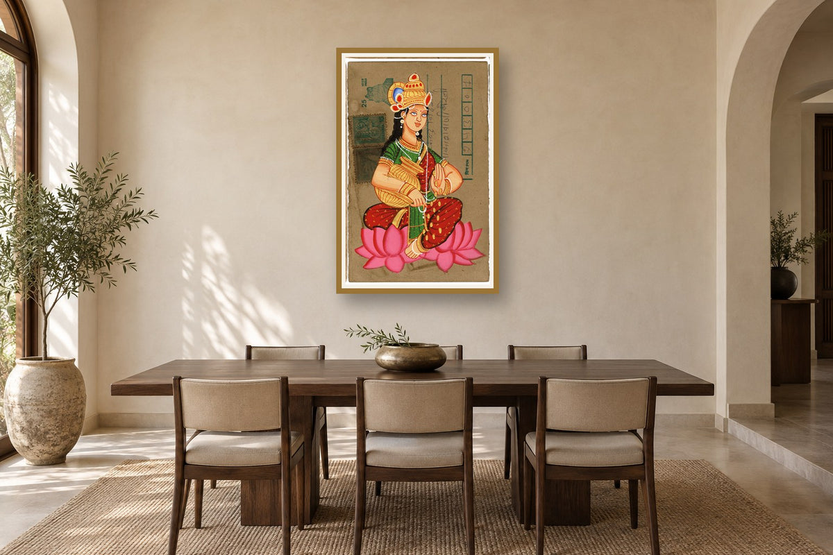 Gold Coin Laxmi Ji Blessing Postcard styled in a premium dining room