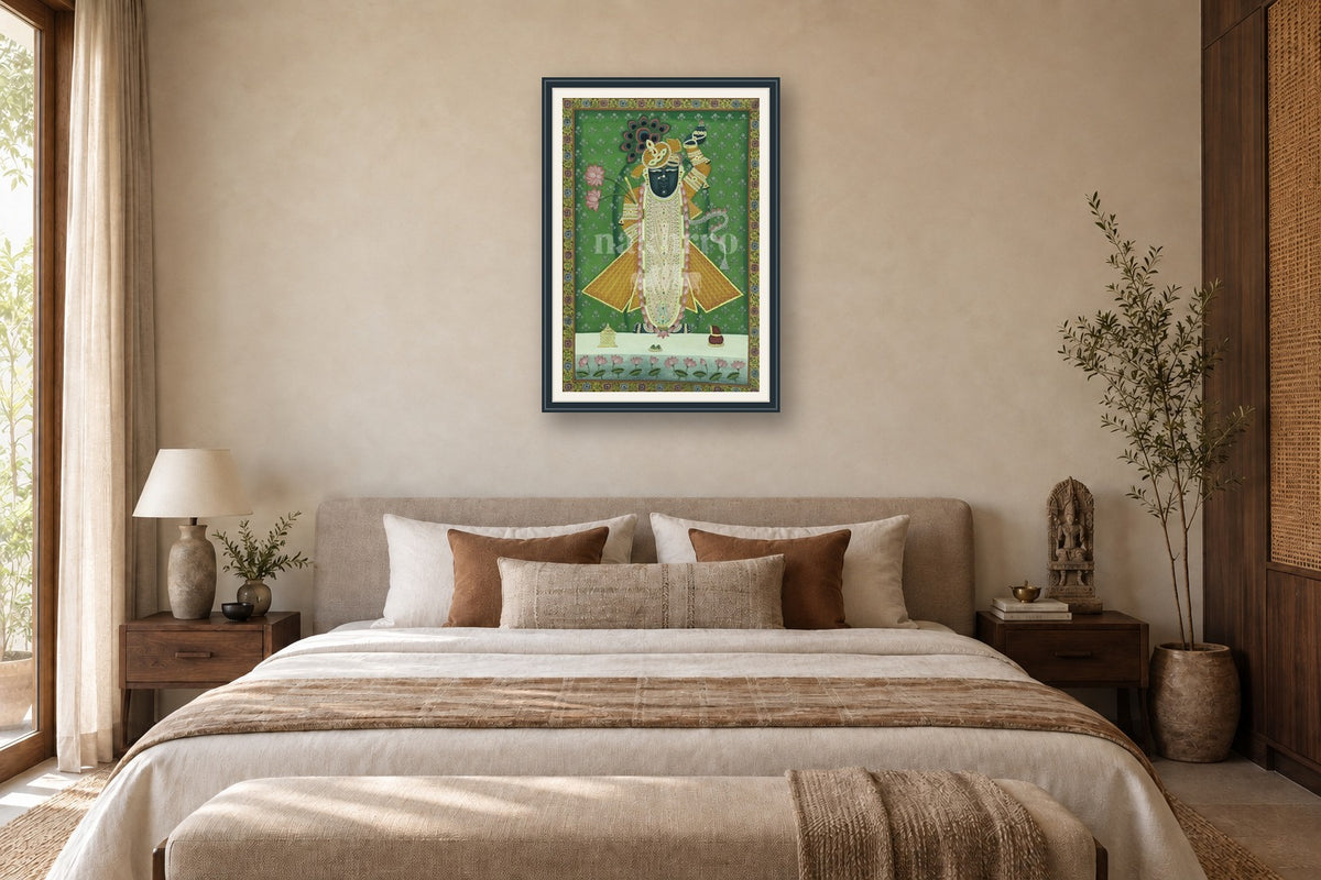 Shrinathji Pichwai Art Print in Green – Museum-Grade styled in a premium bedroom