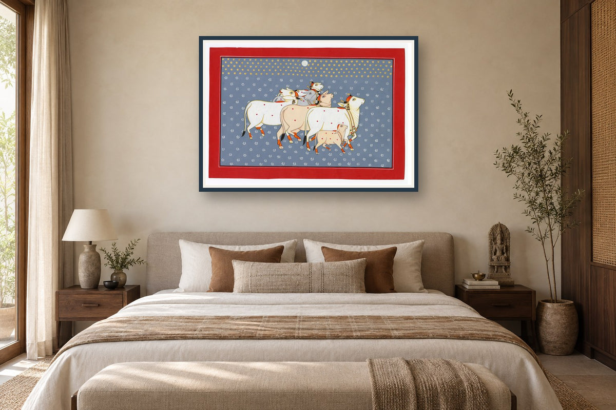 Grey Full Moon Kamdhenu Pichwai styled in a premium bedroom