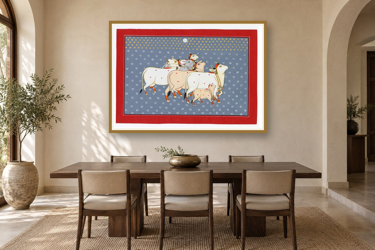 Grey Full Moon Kamdhenu Pichwai styled in a premium dining room