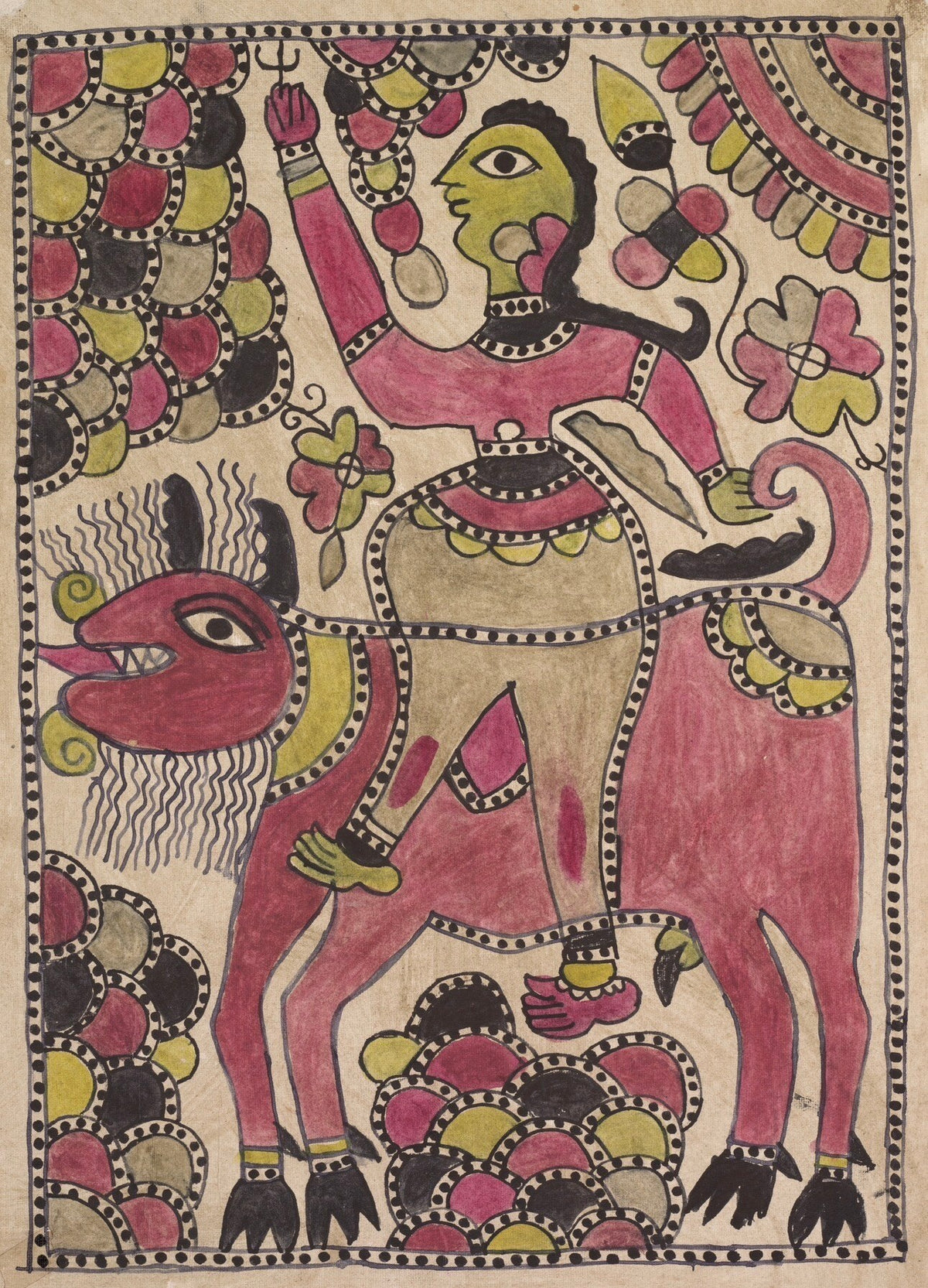 Ceremonial rider on horseback in earthy Mithila folk art