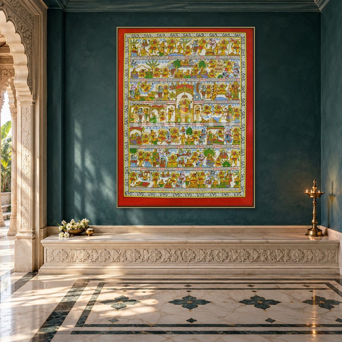 Hanuman Chalisa Art Print | Archival Paper & Canvas — prayer room styling mockup; frame shown for illustration