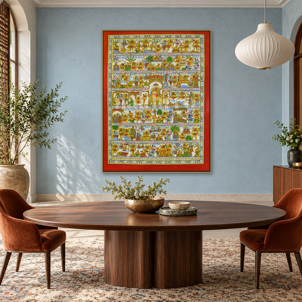 Hanuman Chalisa Art Print | Archival Paper & Canvas — dining room styling mockup; frame shown for illustration