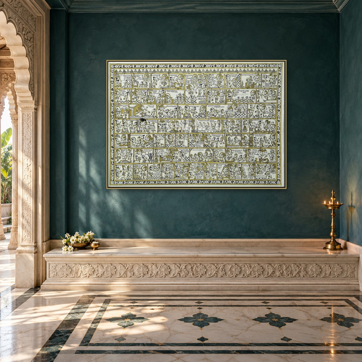 Hanuman Chalisa Illustrated | Archival Phad Art Print — prayer room styling mockup; frame shown for illustration