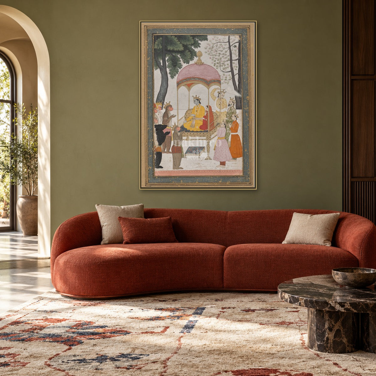Rama Darbar with Hanuman – Archival Indian Miniature Art Print — living room styling mockup; frame shown for illustration