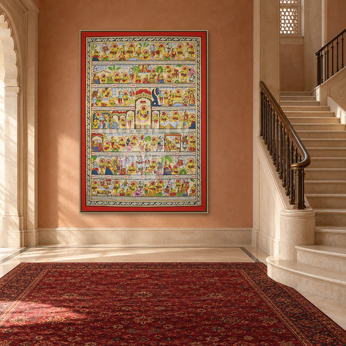 English Hanuman Chalisa Illustrated Phad Art Print | Archival Paper & Canvas — stairs room styling mockup; frame shown for illustration