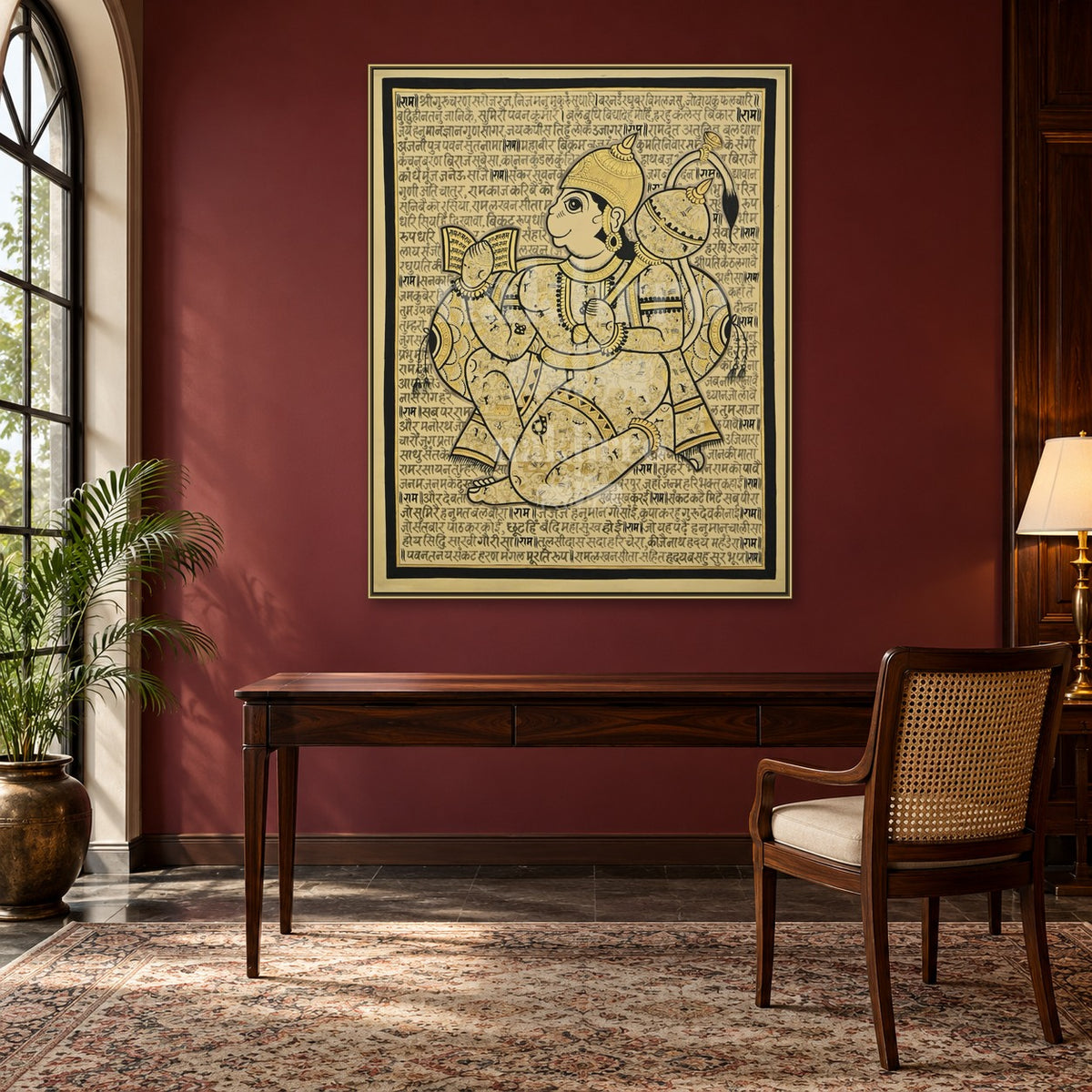 Beige Tone Hanuman Chalisa in Hanuman Sacred Text Portrait Art Print — study room styling mockup; frame shown for illustration