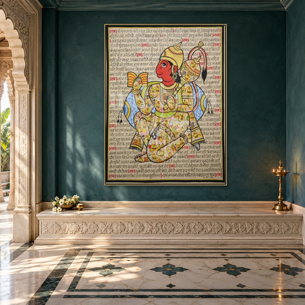 Colourful Illustrated Hanuman Chalisa Art Print | Archival Paper & Canvas — prayer room styling mockup; frame shown for illustration