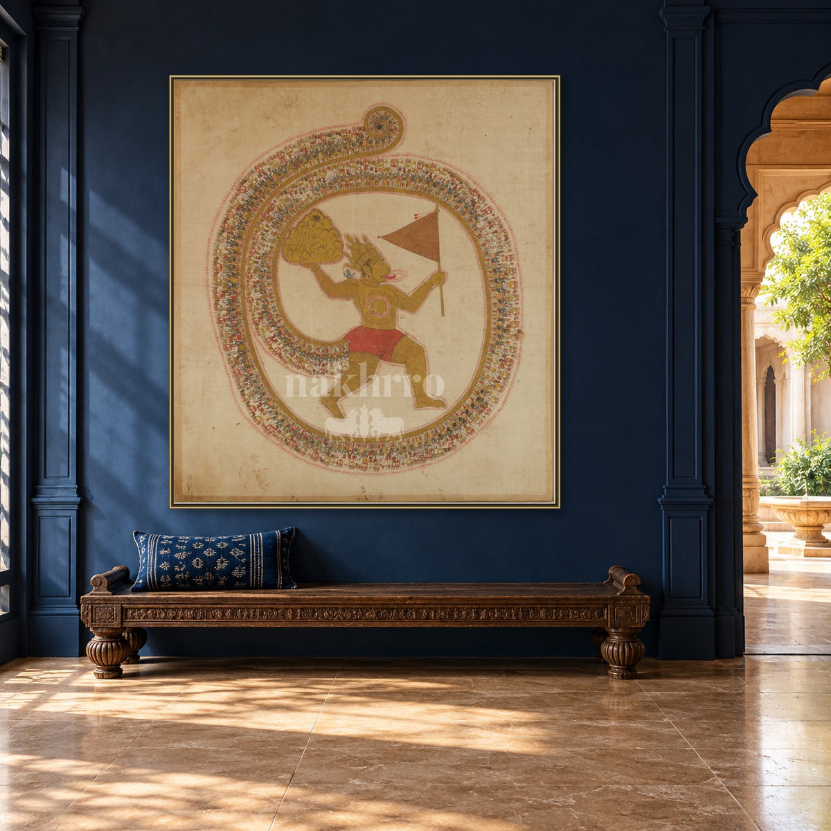 Hanuman Carrying Sanjeevani — hall room styling mockup; frame shown for illustration