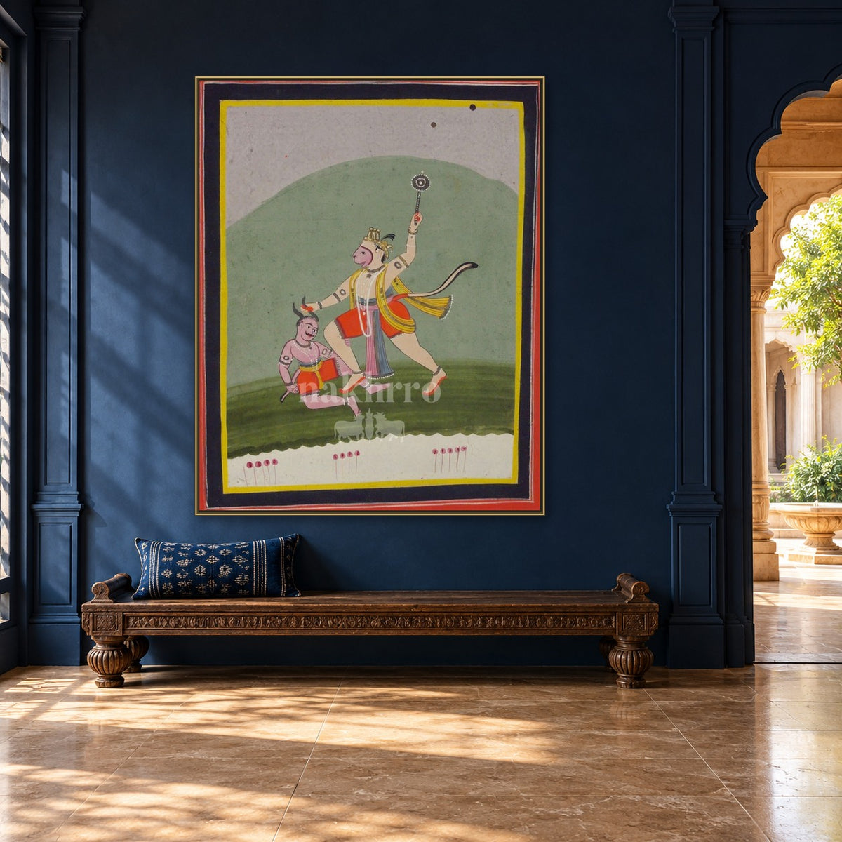 Hanuman Victory Scene | Museum-Grade Indian Miniature Art Print — hall room styling mockup; frame shown for illustration