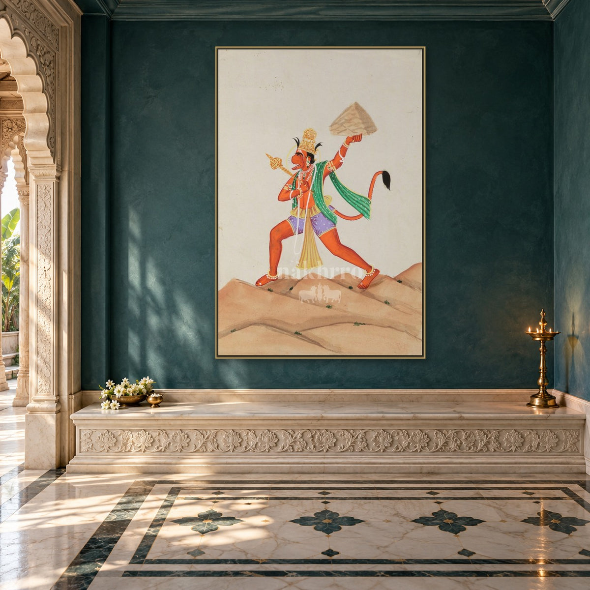 Hanuman Carrying Sanjeevani Parvat | Museum-Grade Indian Miniature Art Print — prayer room styling mockup; frame shown for illustration