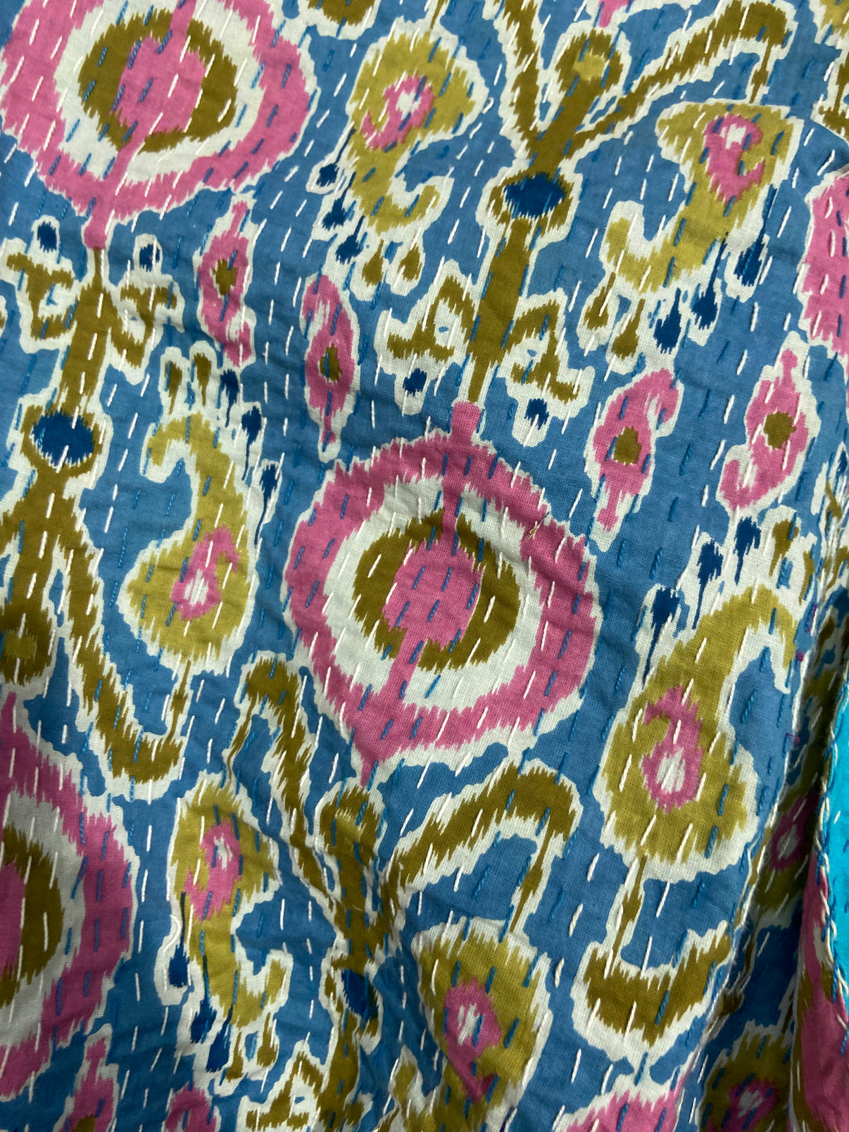 Blue Ikat Print Kantha Hand Embroidered Bedspread - Nakhrro