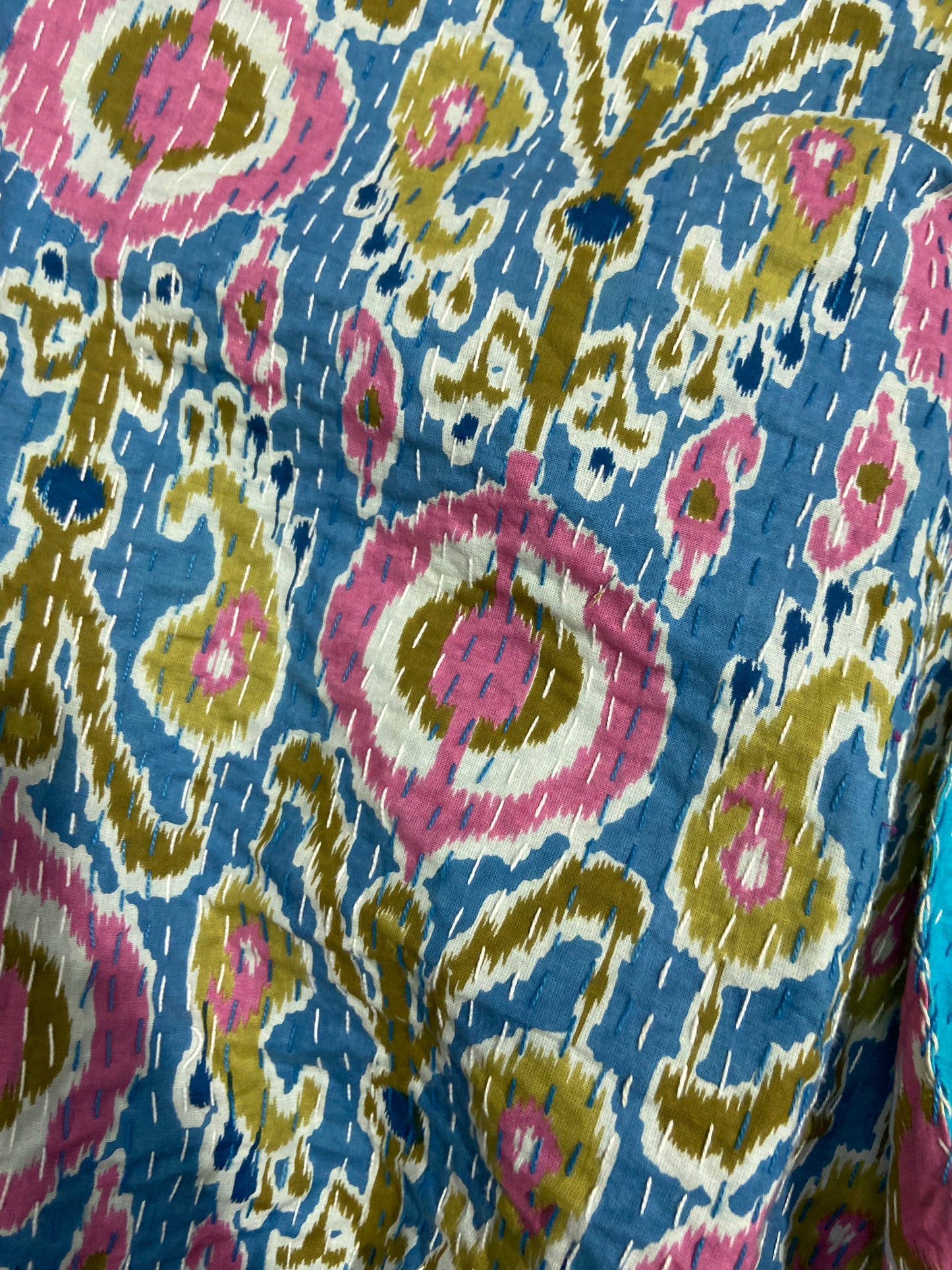 Blue Ikat Print Kantha Hand Embroidered Bedspread - Nakhrro
