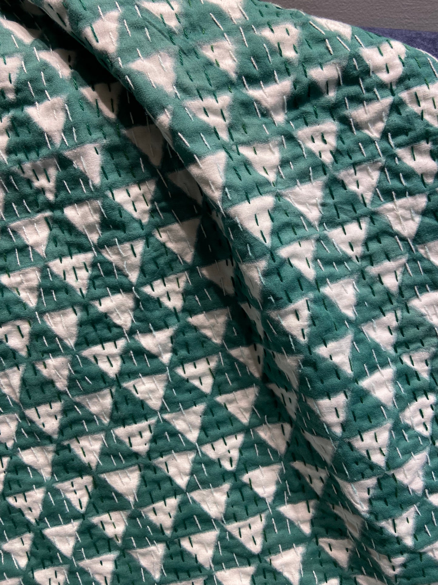 Green Geometric Hand Embroidered Bedspread Dohar - Nakhrro