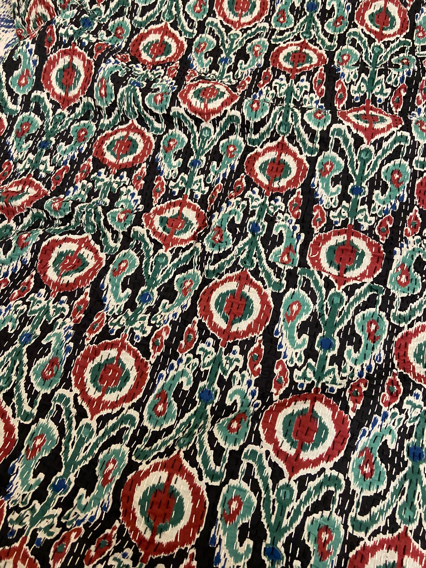 Black Ikat Motifs Kantha Bedspread - Nakhrro