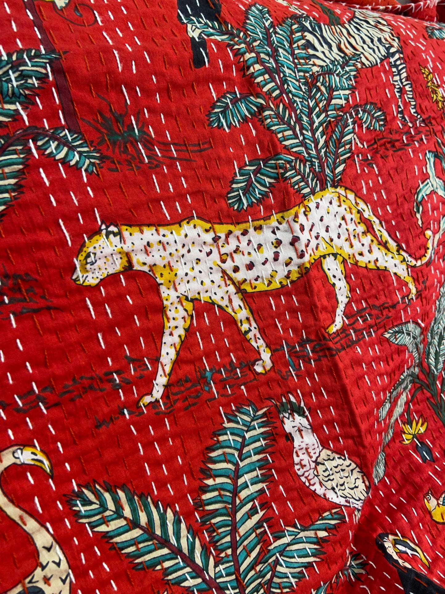 Hot Red Jungle Print Hand Embroidered Bedspread - Nakhrro
