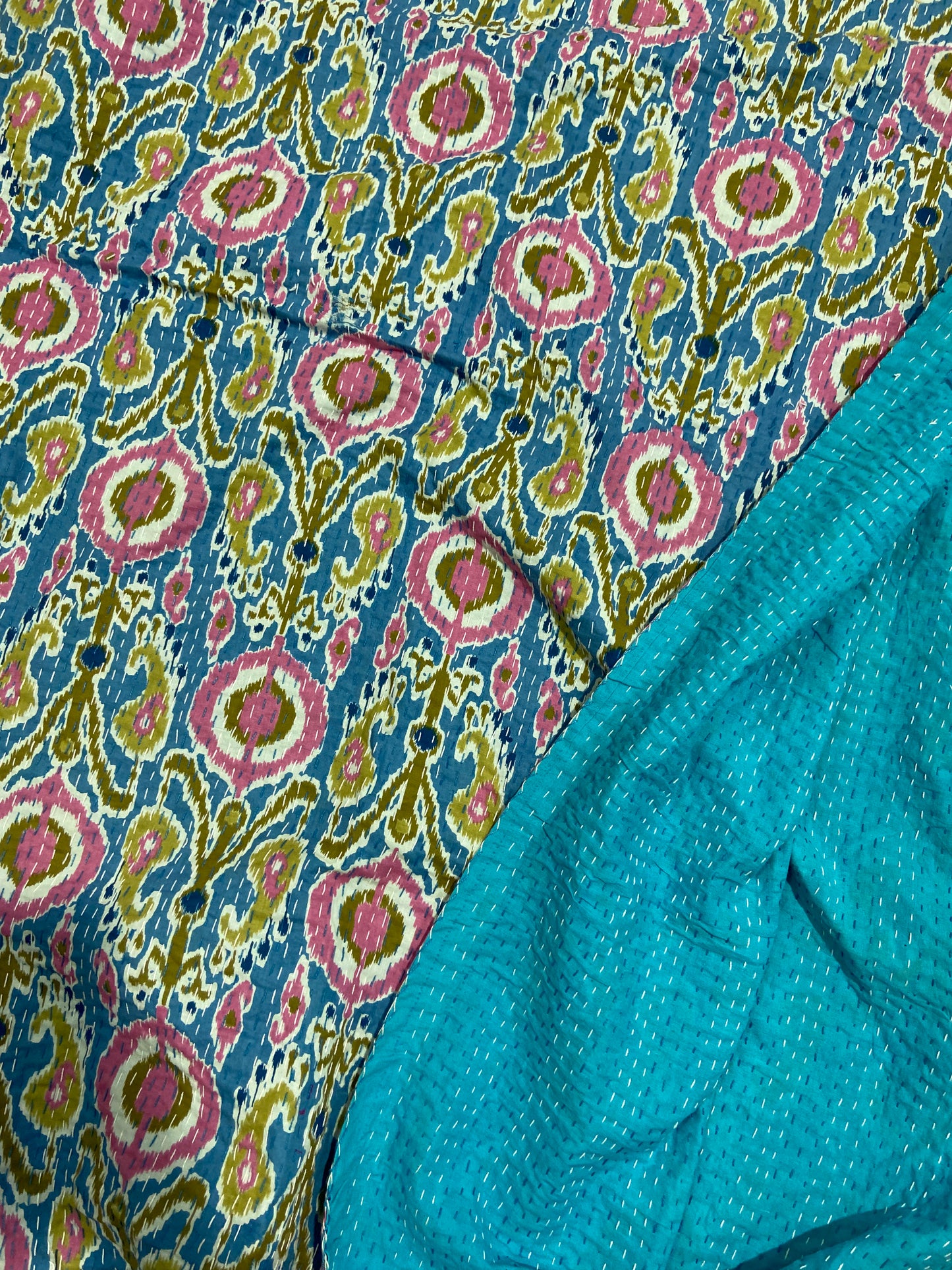 Blue Ikat Print Kantha Hand Embroidered Bedspread - Nakhrro