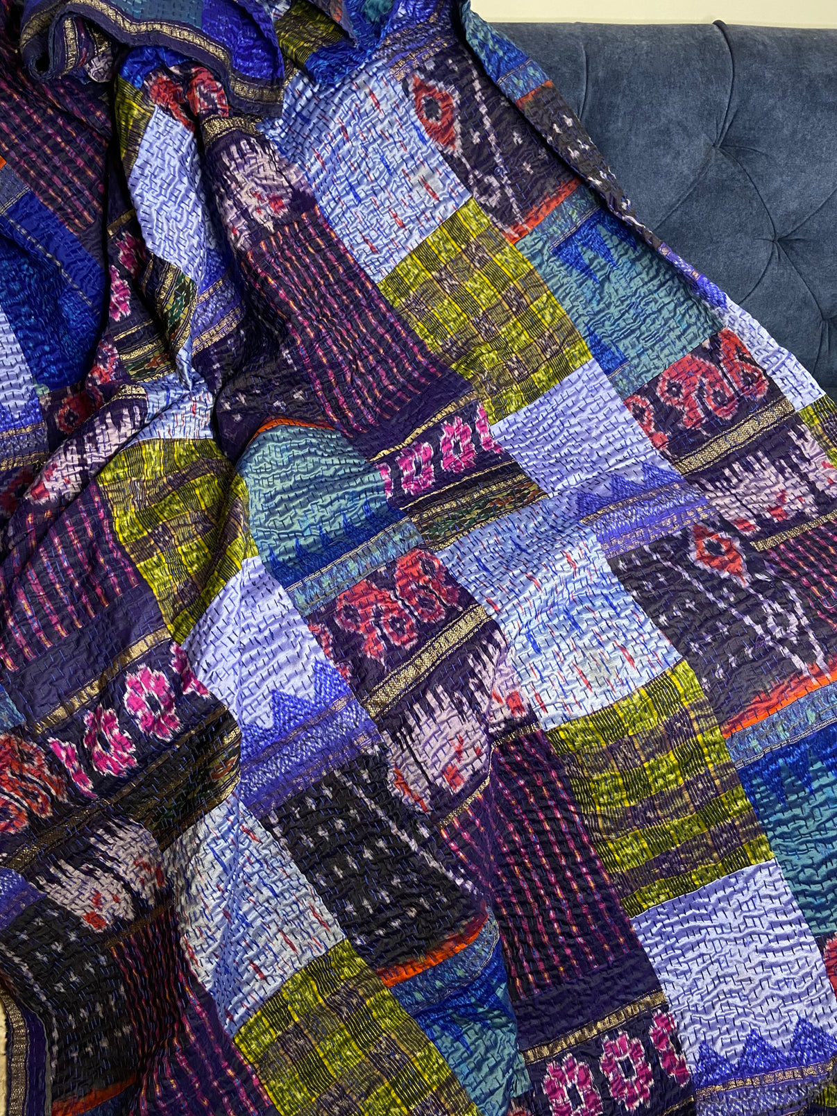 Royal Blue Silk Patchwork Embroidered Silk Bedspread - Nakhrro
