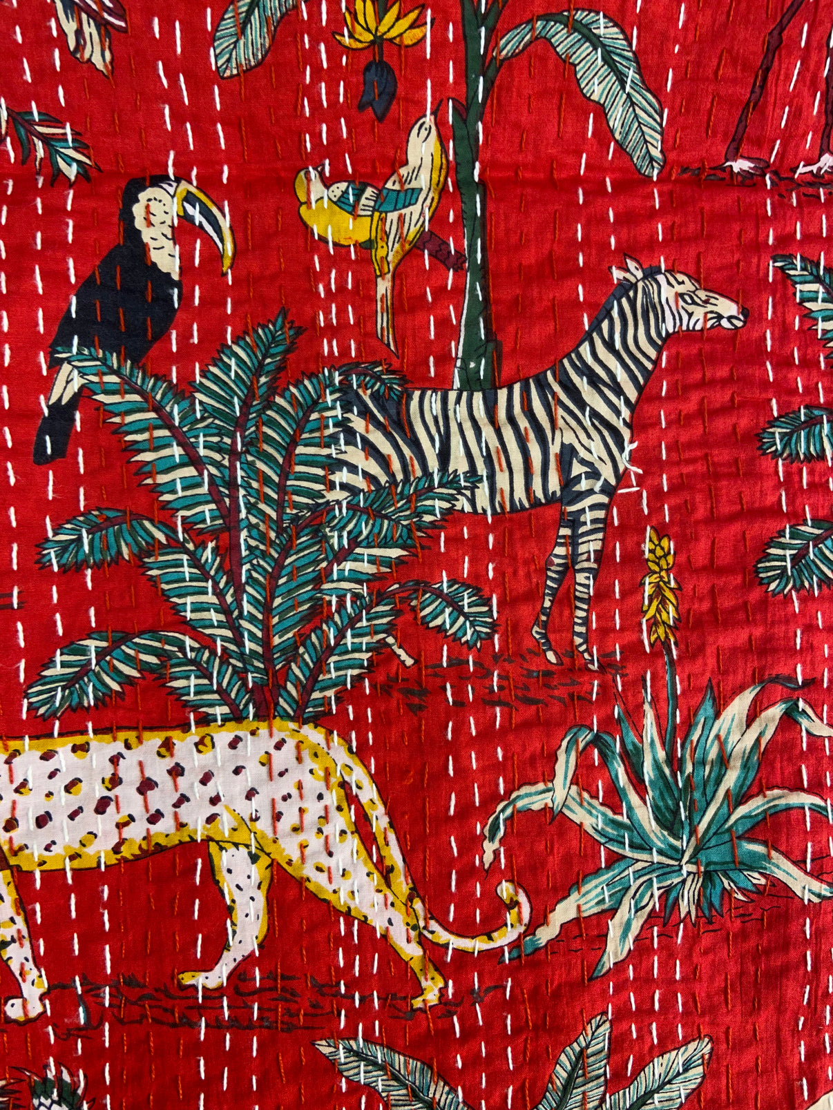 Hot Red Jungle Print Hand Embroidered Bedspread - Nakhrro