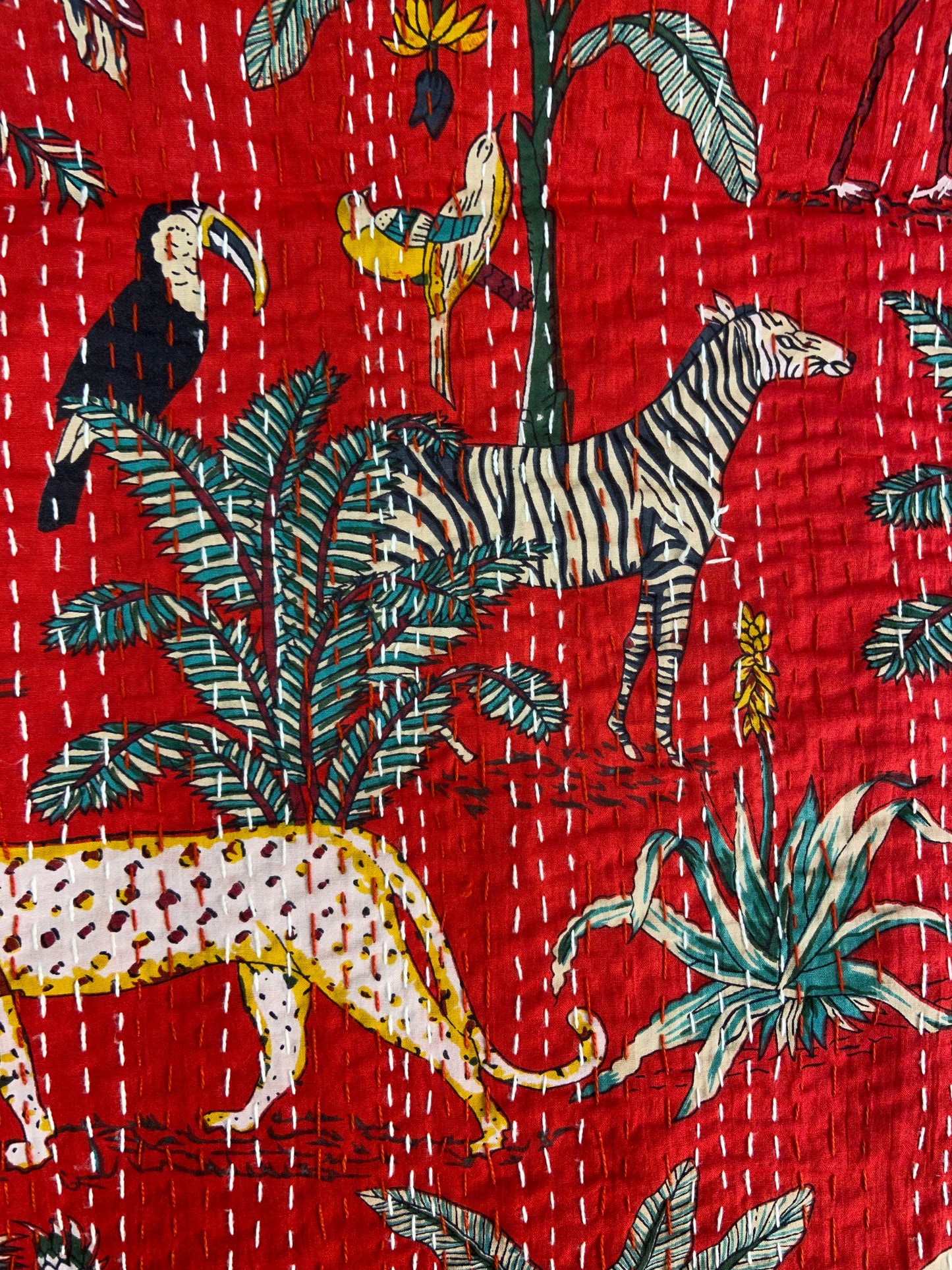 Hot Red Jungle Print Hand Embroidered Bedspread - Nakhrro