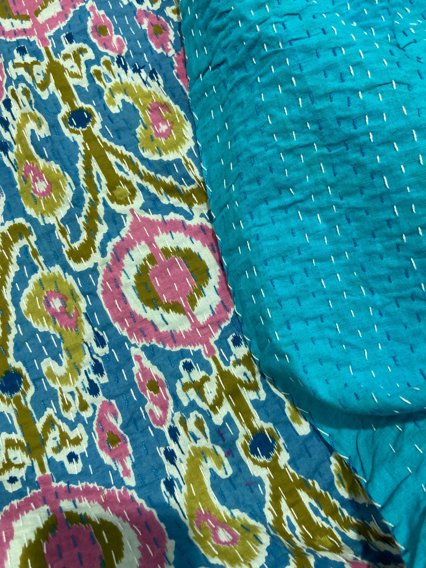 Blue Ikat Print Kantha Hand Embroidered Bedspread - Nakhrro
