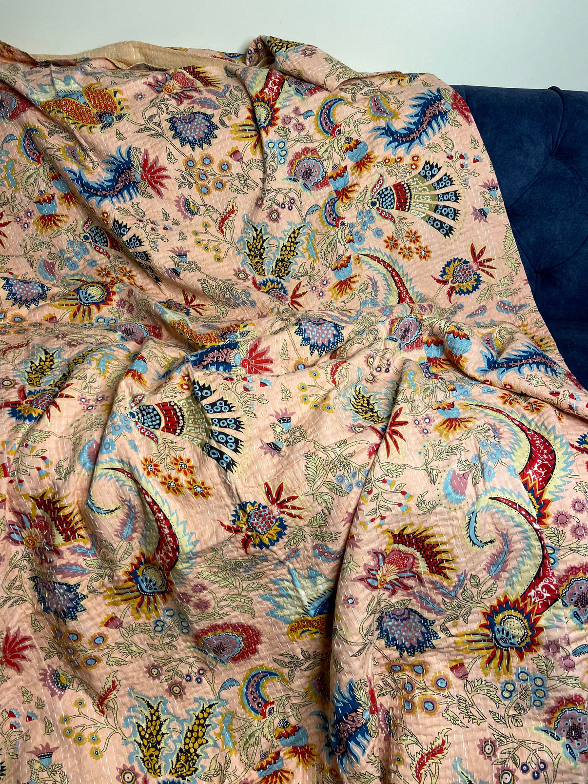 Powder Pink Wild Flower Kantha Bedspread - Nakhrro