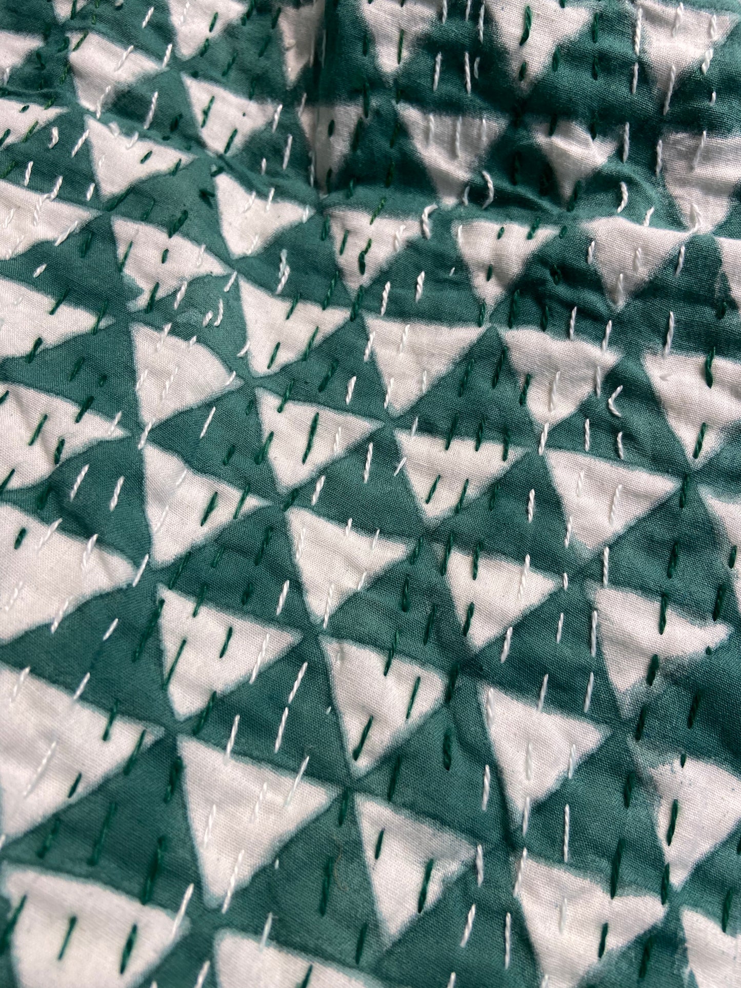 Green Geometric Hand Embroidered Bedspread Dohar - Nakhrro