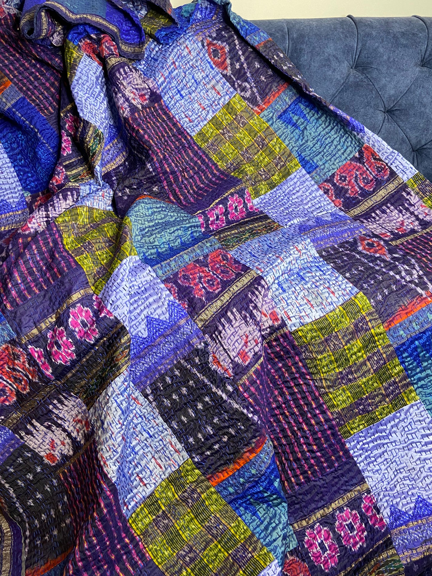 Royal Blue Silk Patchwork Embroidered Silk Bedspread - Nakhrro