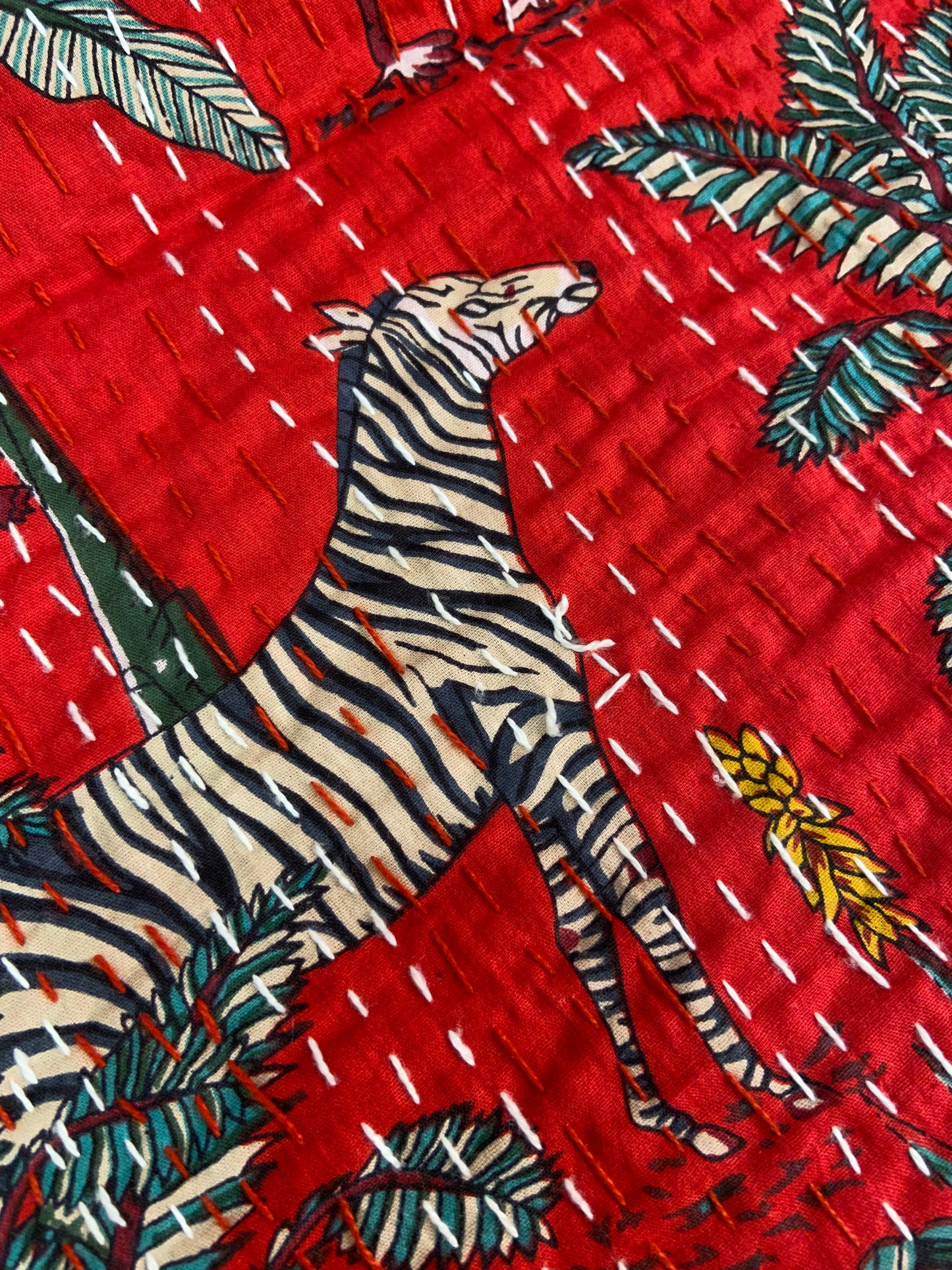 Hot Red Jungle Print Hand Embroidered Bedspread - Nakhrro
