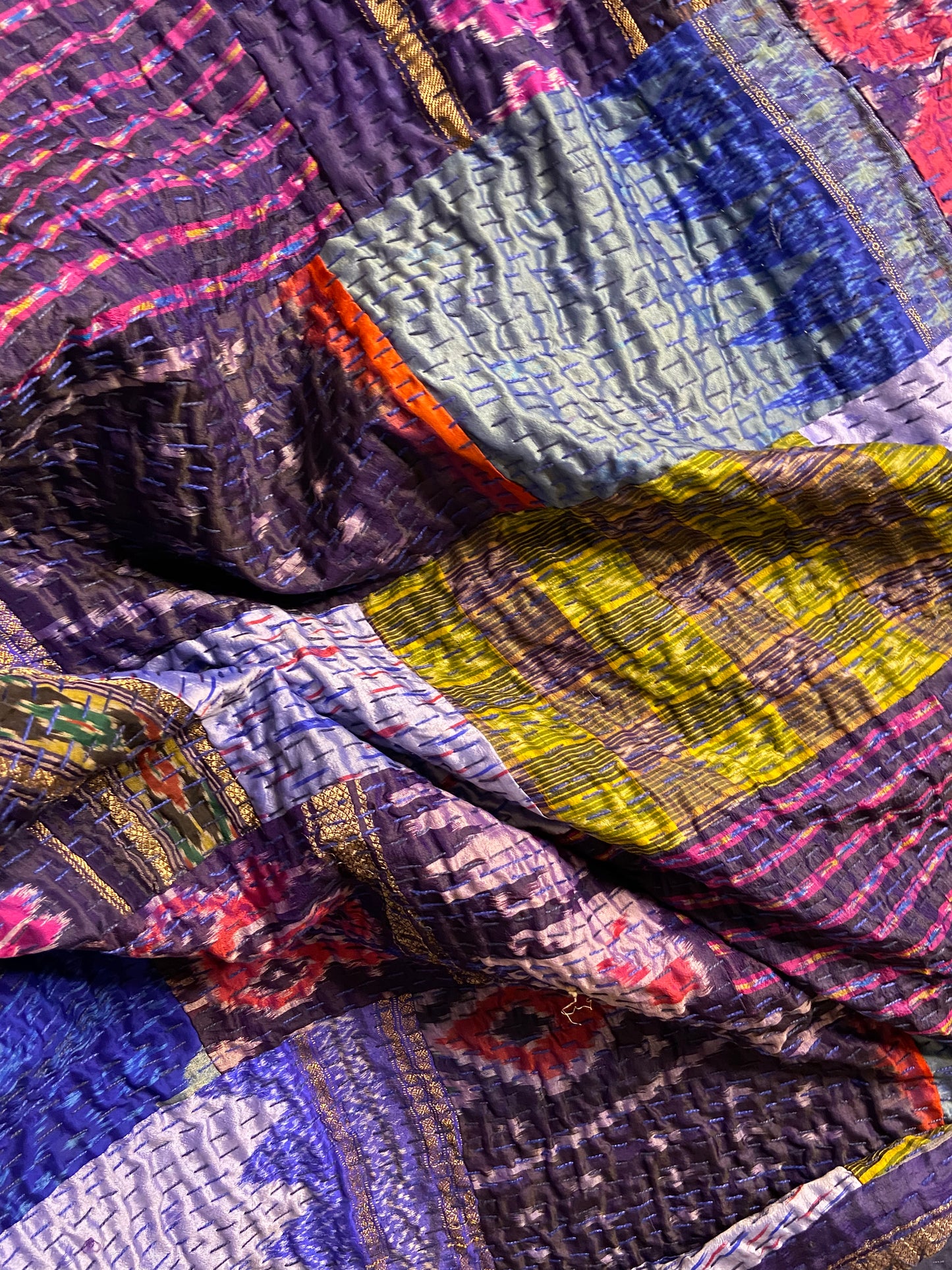 Royal Blue Silk Patchwork Embroidered Silk Bedspread - Nakhrro