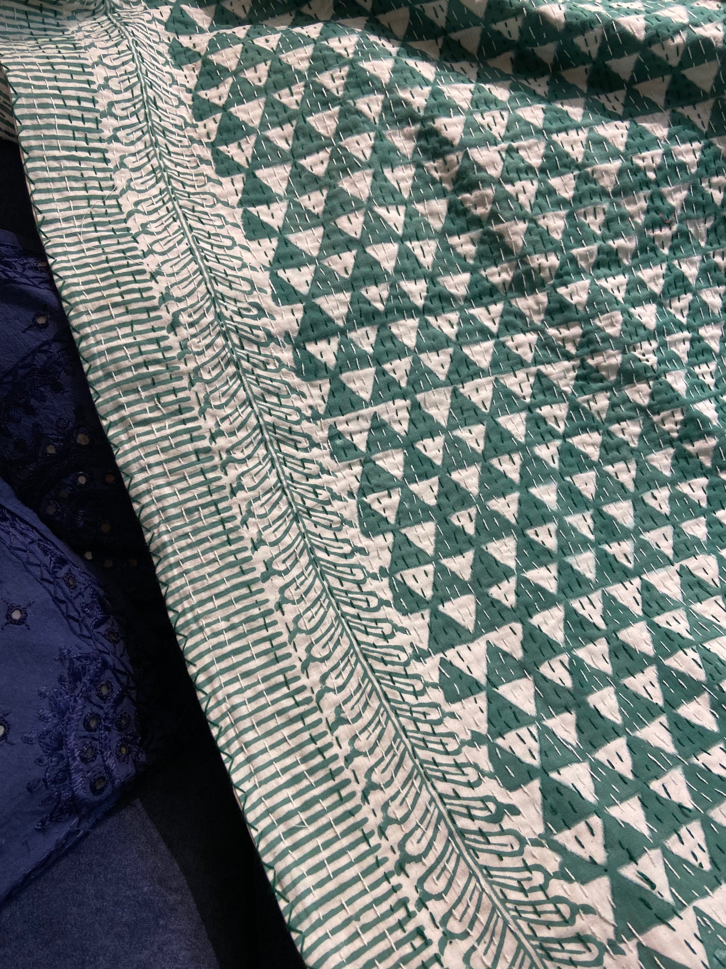 Green Geometric Hand Embroidered Bedspread Dohar - Nakhrro