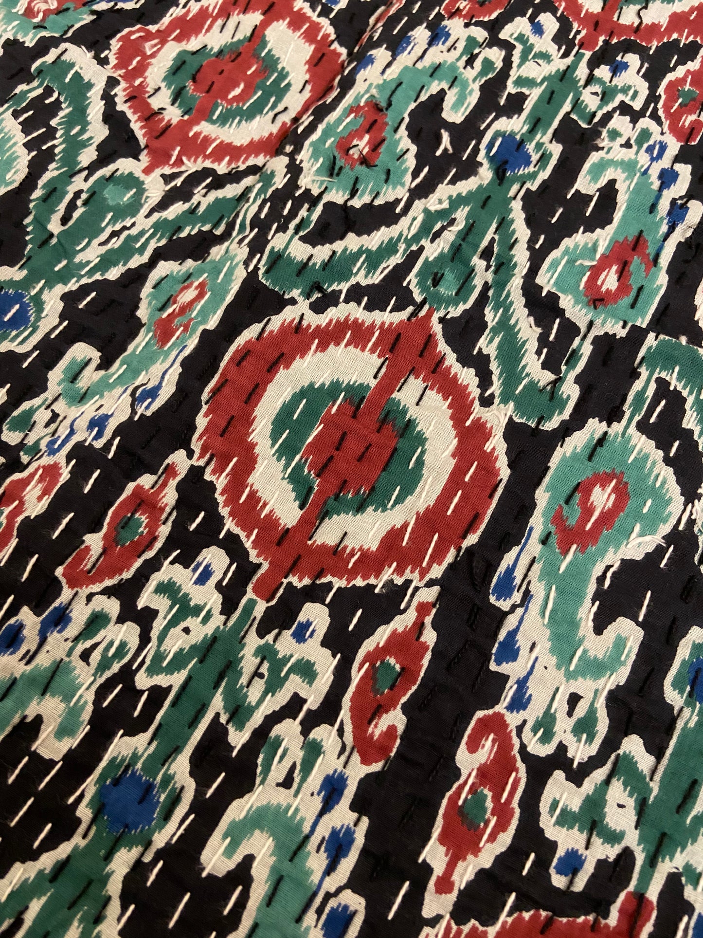 Black Ikat Motifs Kantha Bedspread - Nakhrro