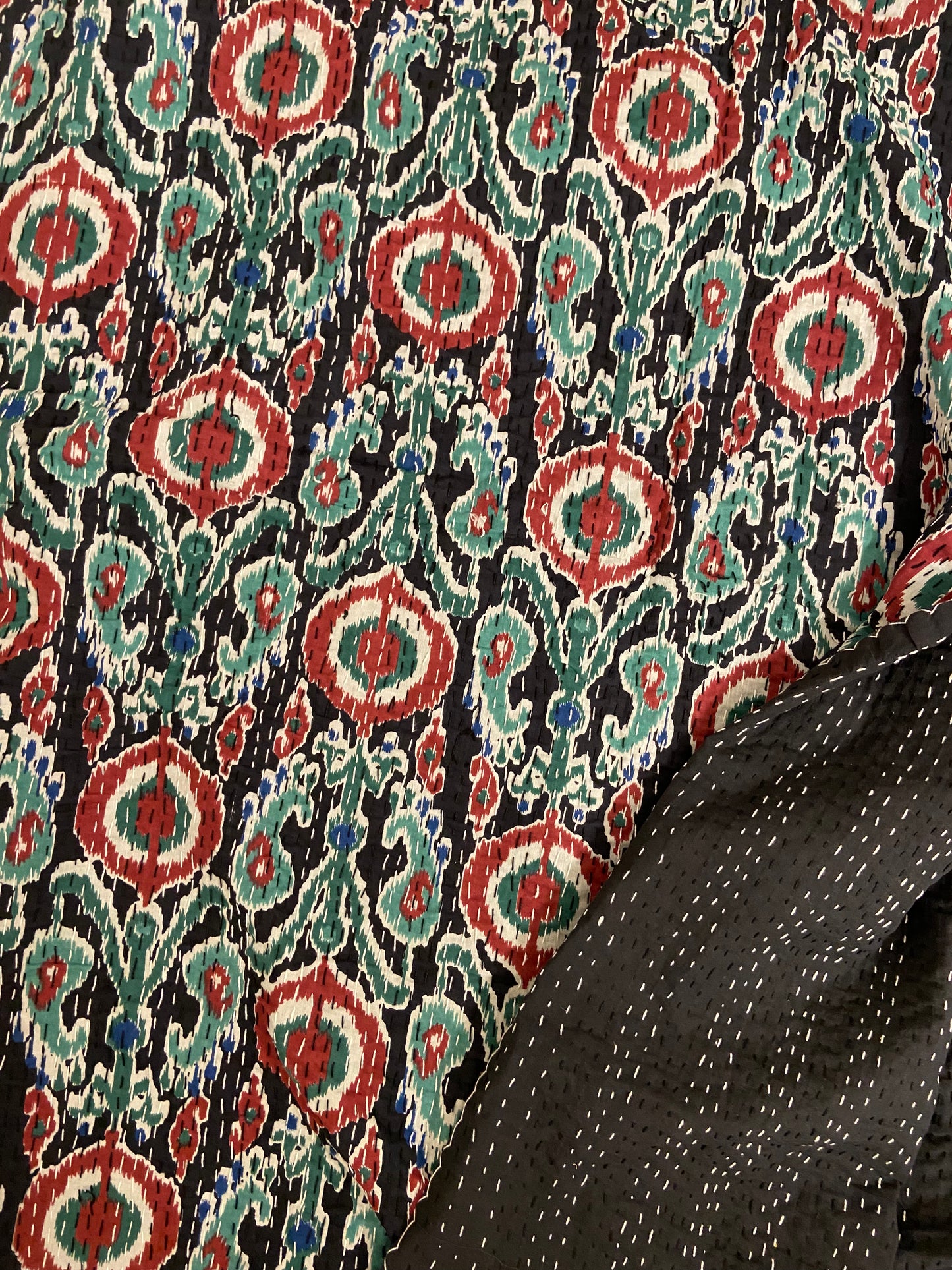 Black Ikat Motifs Kantha Bedspread - Nakhrro