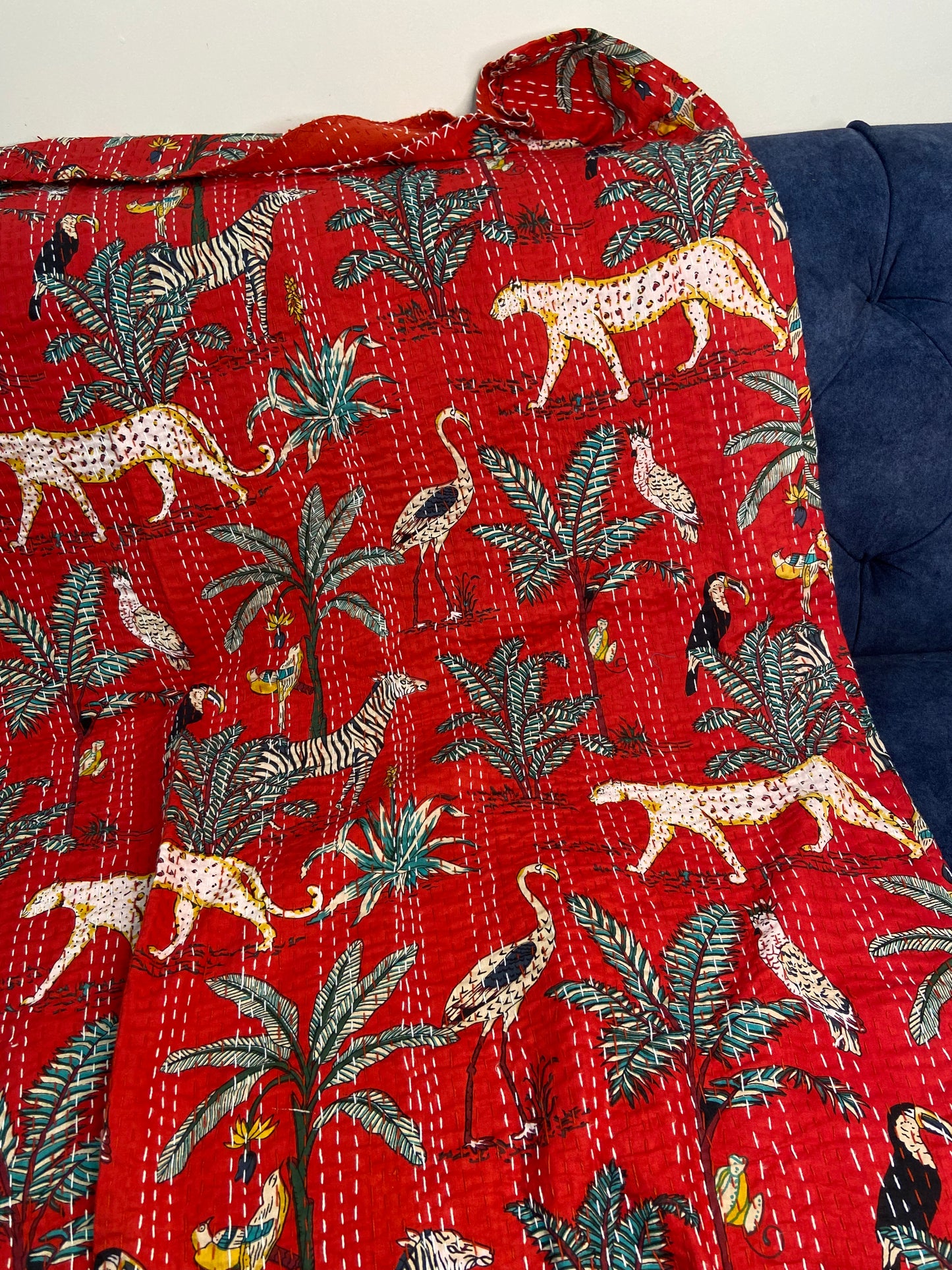 Hot Red Jungle Print Hand Embroidered Bedspread - Nakhrro