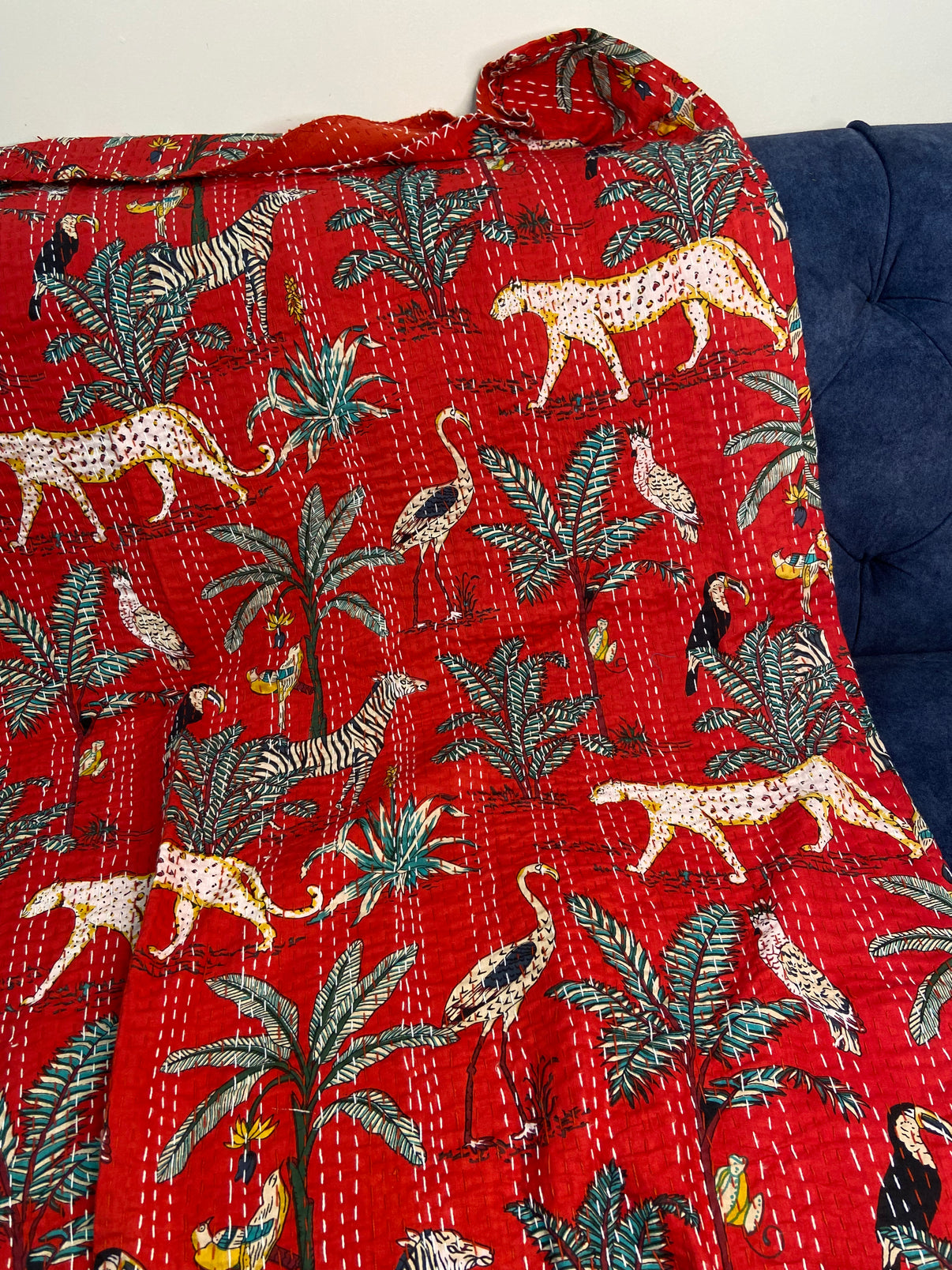 Hot Red Jungle Print Hand Embroidered Bedspread - Nakhrro