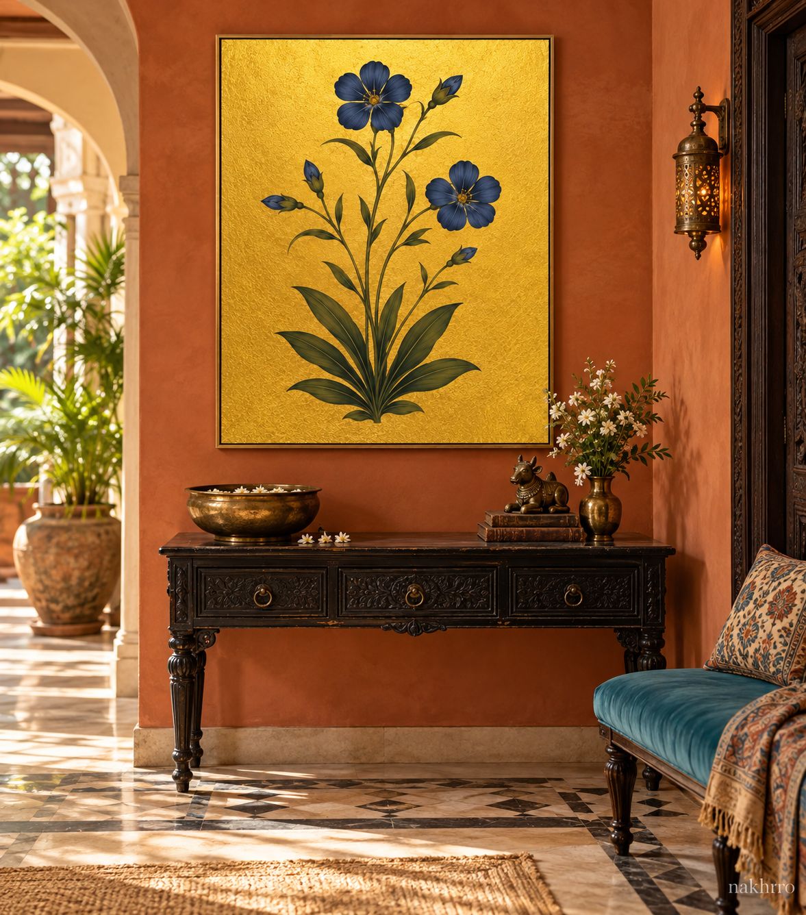 Indigo Five-Petal Flowers on Gold | Mughal Botanical Art Print in a styled room