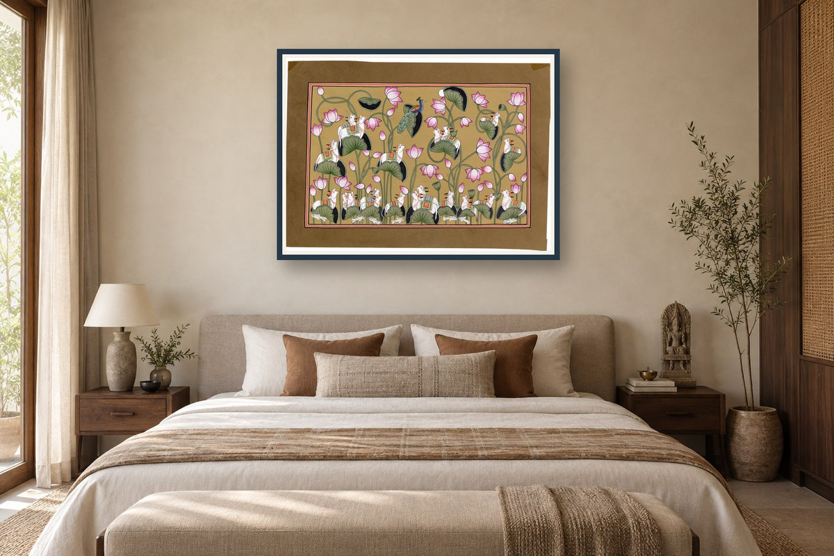 Kamdhenu Cow On Lotus Pichwai styled in a premium bedroom